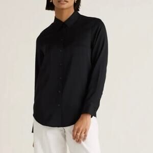 Womens Quince Washable Stretch Silk Blouse Black Long Sleeve Size L EUC!